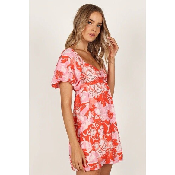 Petal & Pup Maggie Babydoll Mini Dress Sz L Pink Red Floral Puff Sleeves - Picture 4 of 16